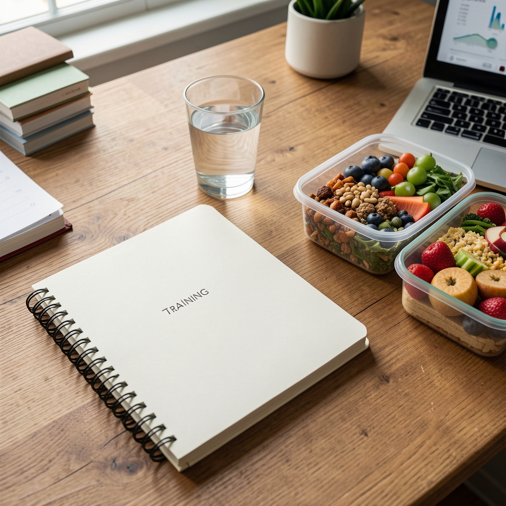 Editorial workspace with a flat-lay of a training notebook, a glass of water, and protein-rich meal prep containers on a wooden desk surface