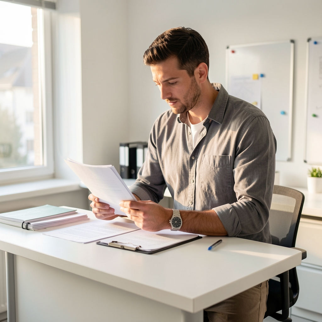 Male researcher reviewing documents at a standing desk in a clean bright workspace, focused expression, afternoon light