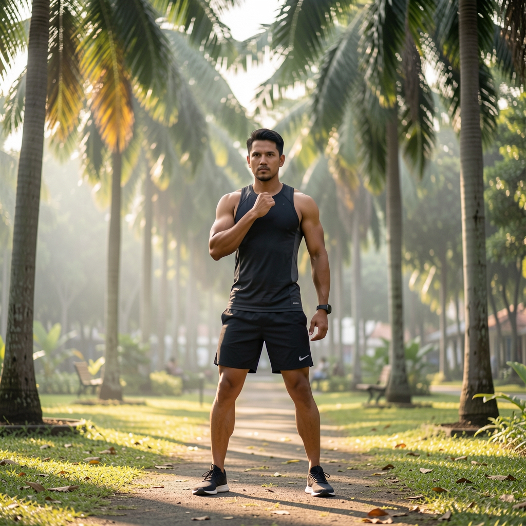 Man in athletic wear during an early morning outdoor workout in a Jakarta park, natural light filtering through palm canopy