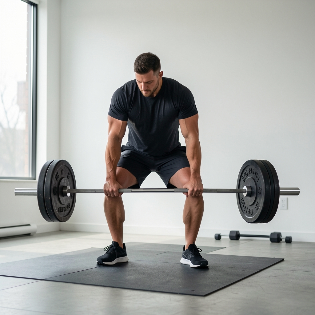 Man performing a deadlift in a minimalist gym with natural light, wearing dark athletic clothing, controlled form visible