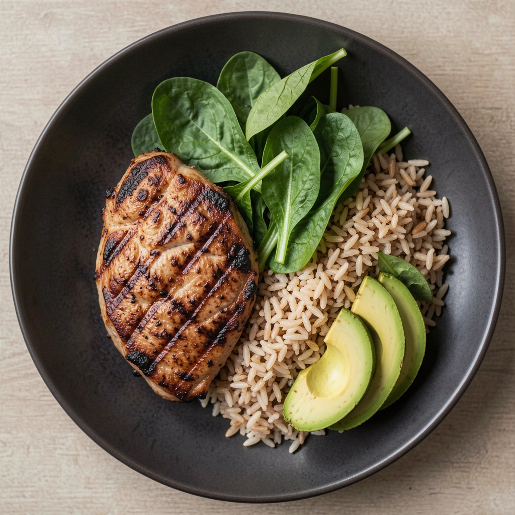 Overhead view of a balanced meal with grilled protein, leafy greens, brown rice, and sliced avocado on a dark ceramic plate