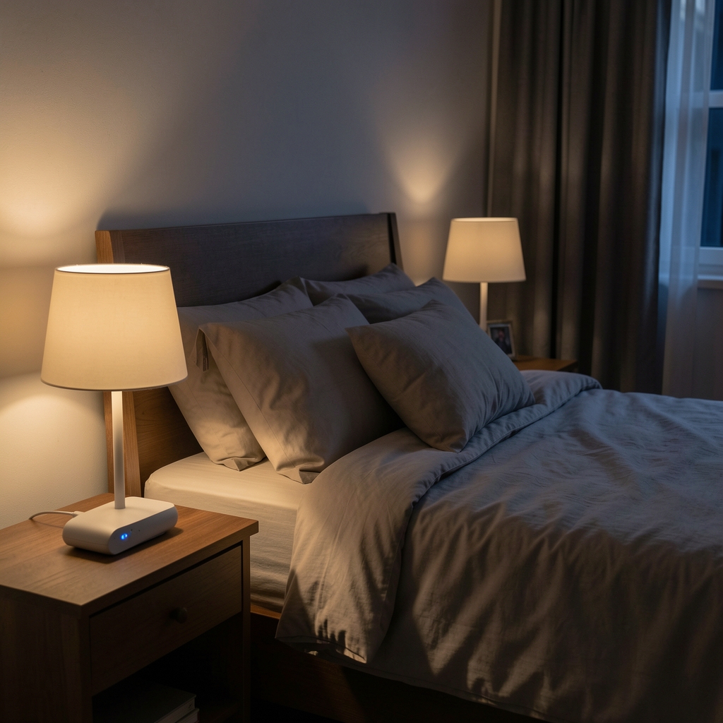 Dimly lit bedroom at night with a sleep tracking device on a bedside table and soft ambient lamp, representing restful sleep environment design