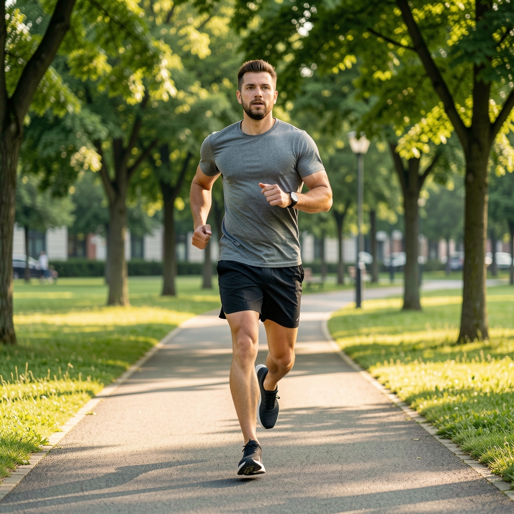Man running on a paved outdoor path in a green urban park, mid-stride motion, morning light, focused expression