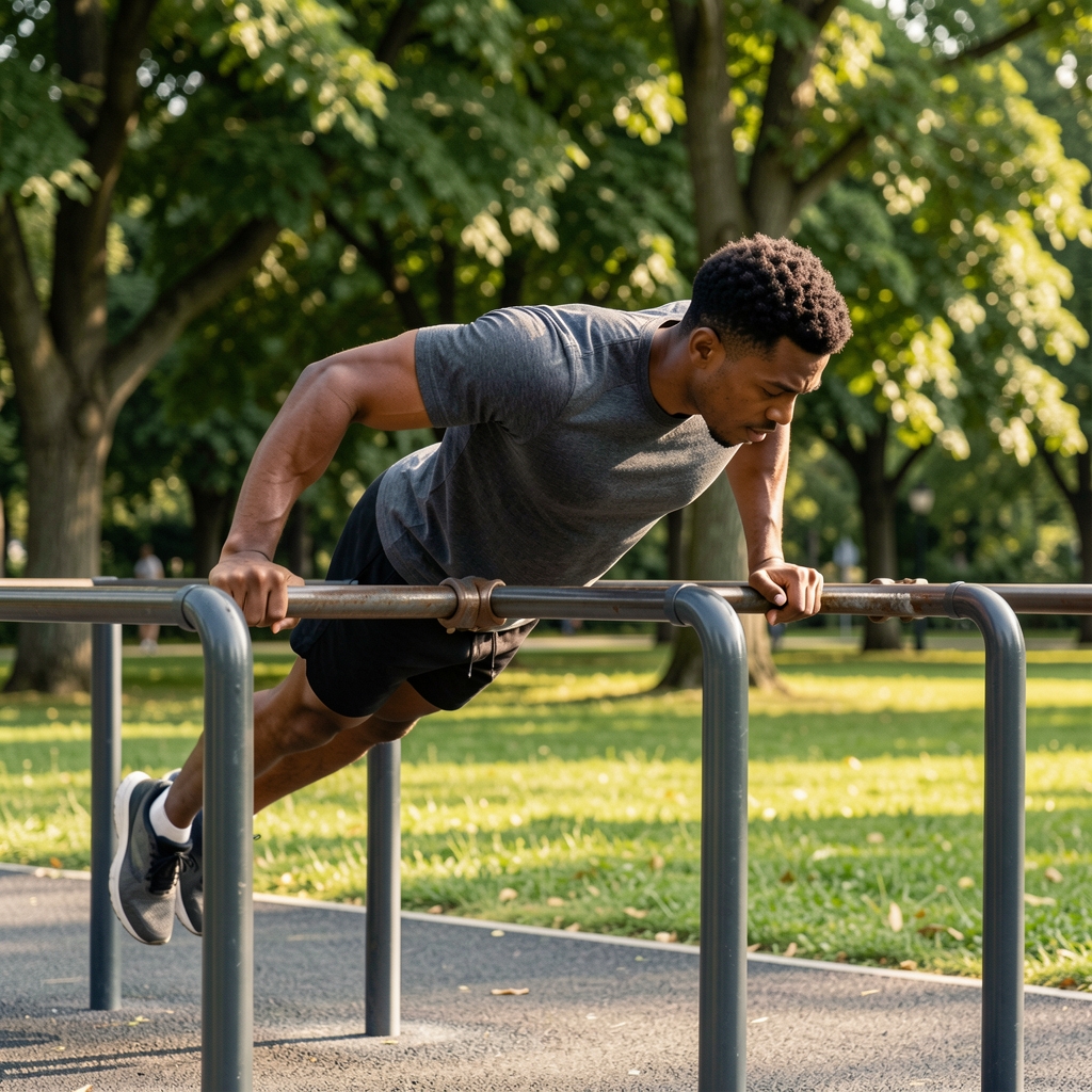 Man performing bodyweight dips on outdoor parallel bars at a park, controlled form, natural greenery background