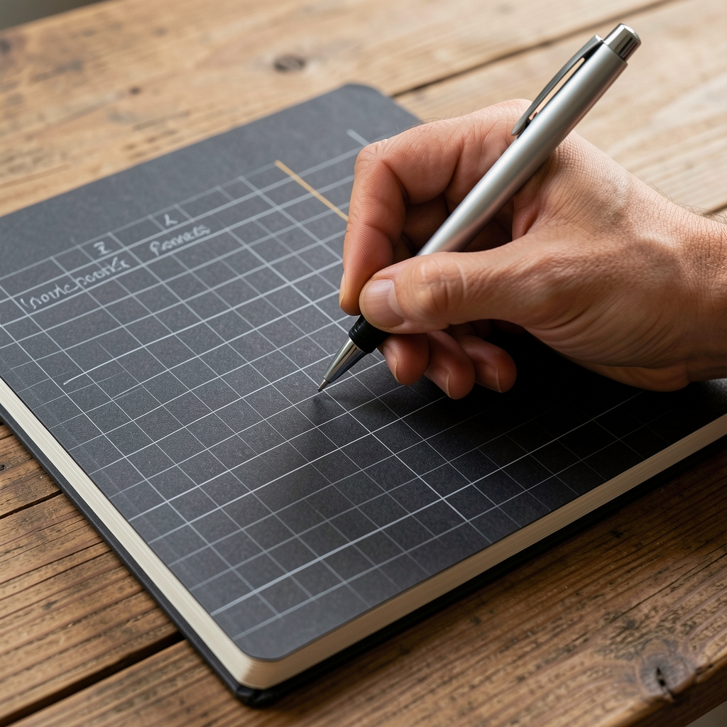 Close-up of a hand writing notes in a structured fitness log, dark grid-lined notebook on a wooden surface