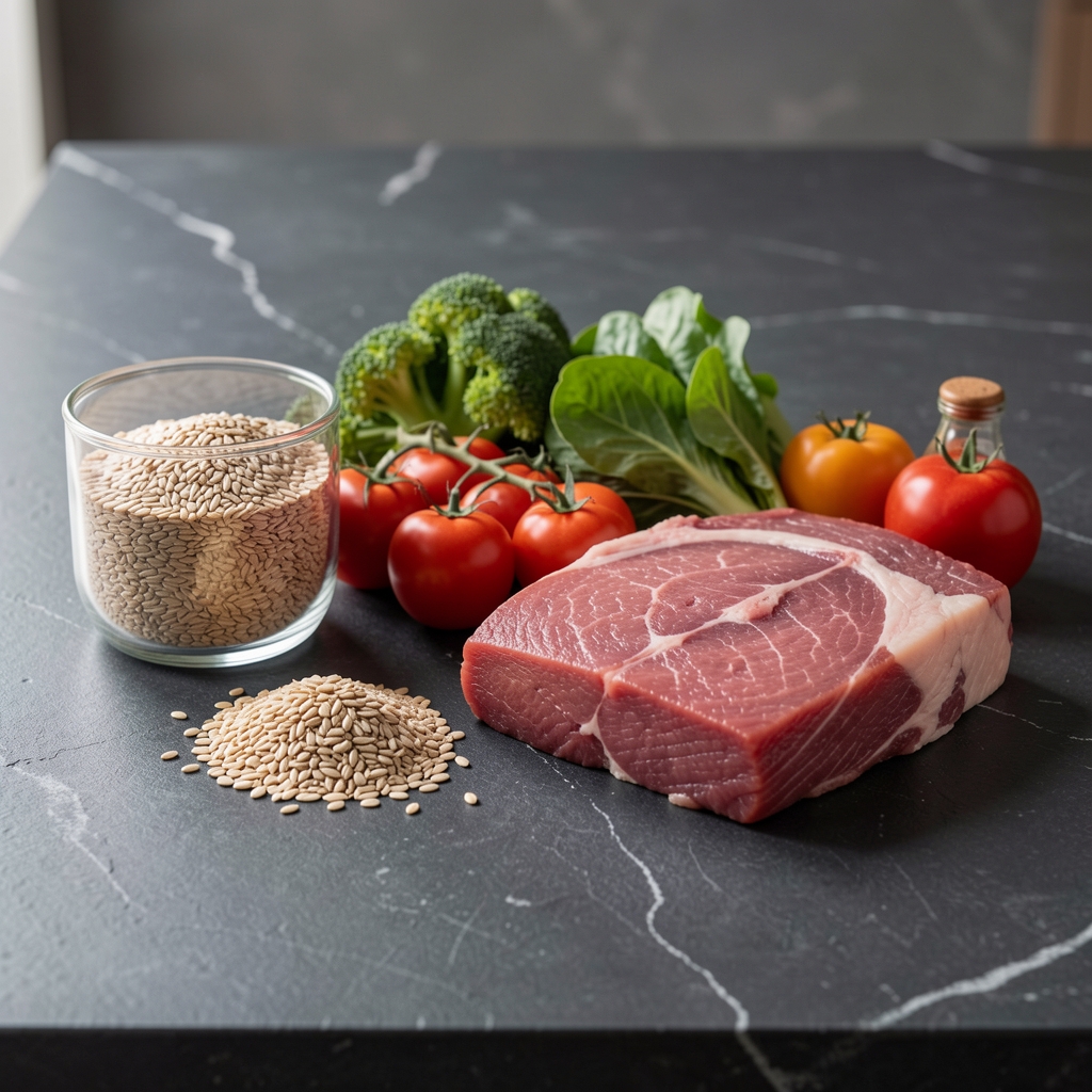Neatly arranged food preparation ingredients on a dark stone countertop — whole grains, fresh vegetables, lean protein cuts