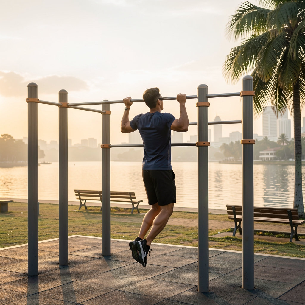 Male figure performing a pull-up on outdoor training bars at a Jakarta waterfront park during early morning golden hour